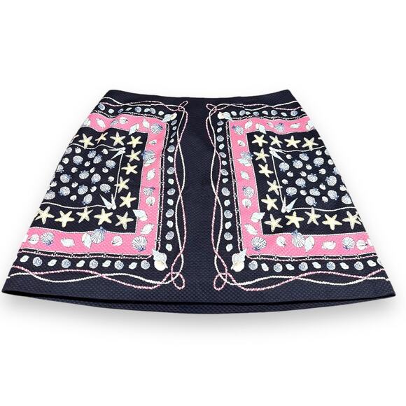 Talbots Woman's Skirt Sz 16W Seashell Print Cotton Pique Navy Pink Rope NEW - Picture 2 of 6